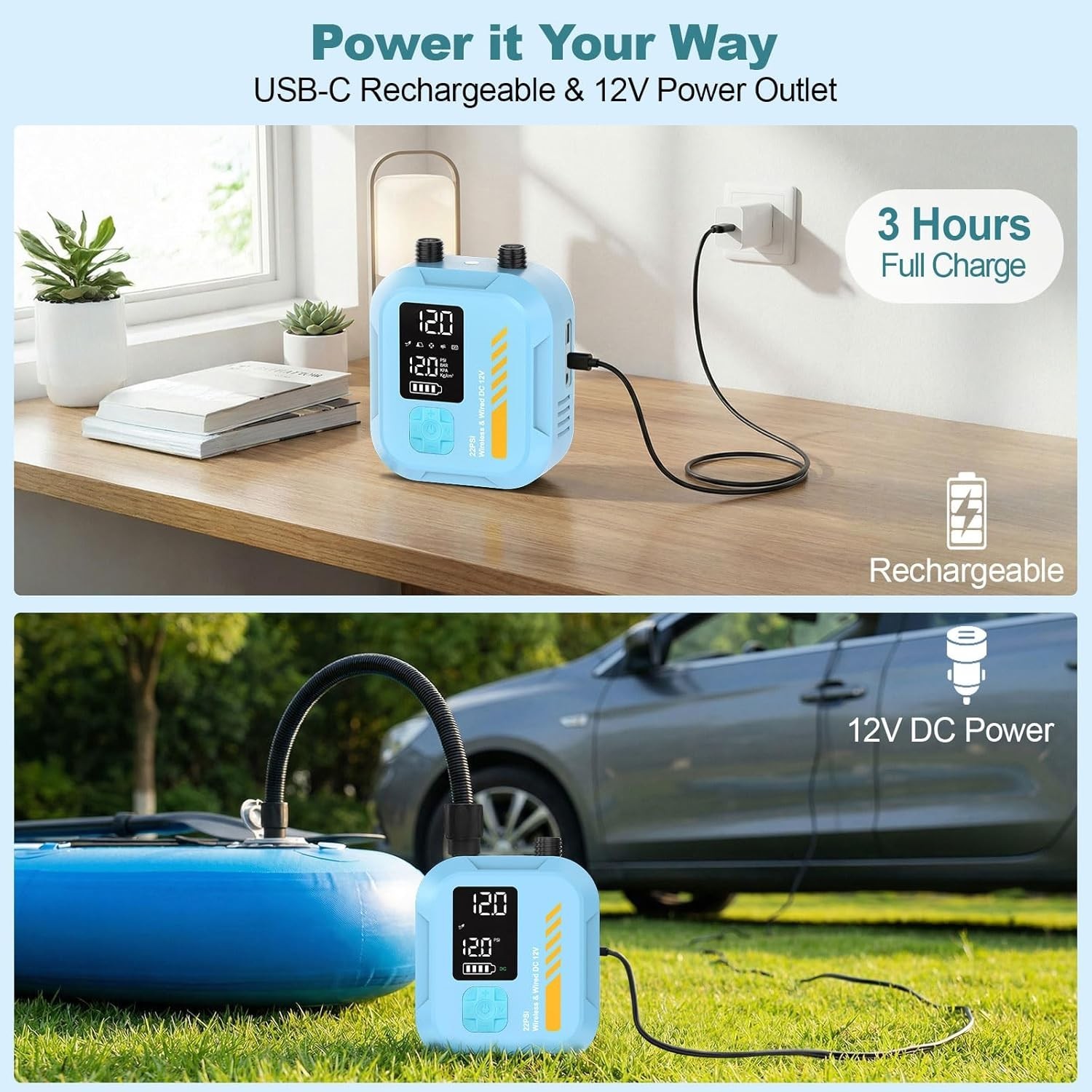 22PSI Rechargeable Electric SUP Air Pump | Inflator for Paddle Board, boat, tent