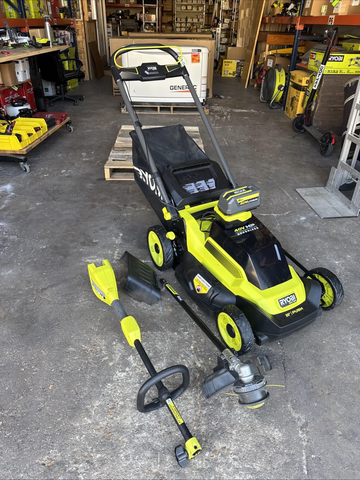 RYOBI 40V HP Brushless 20 in. Cordless Battery Push Lawn Mower + weedeater