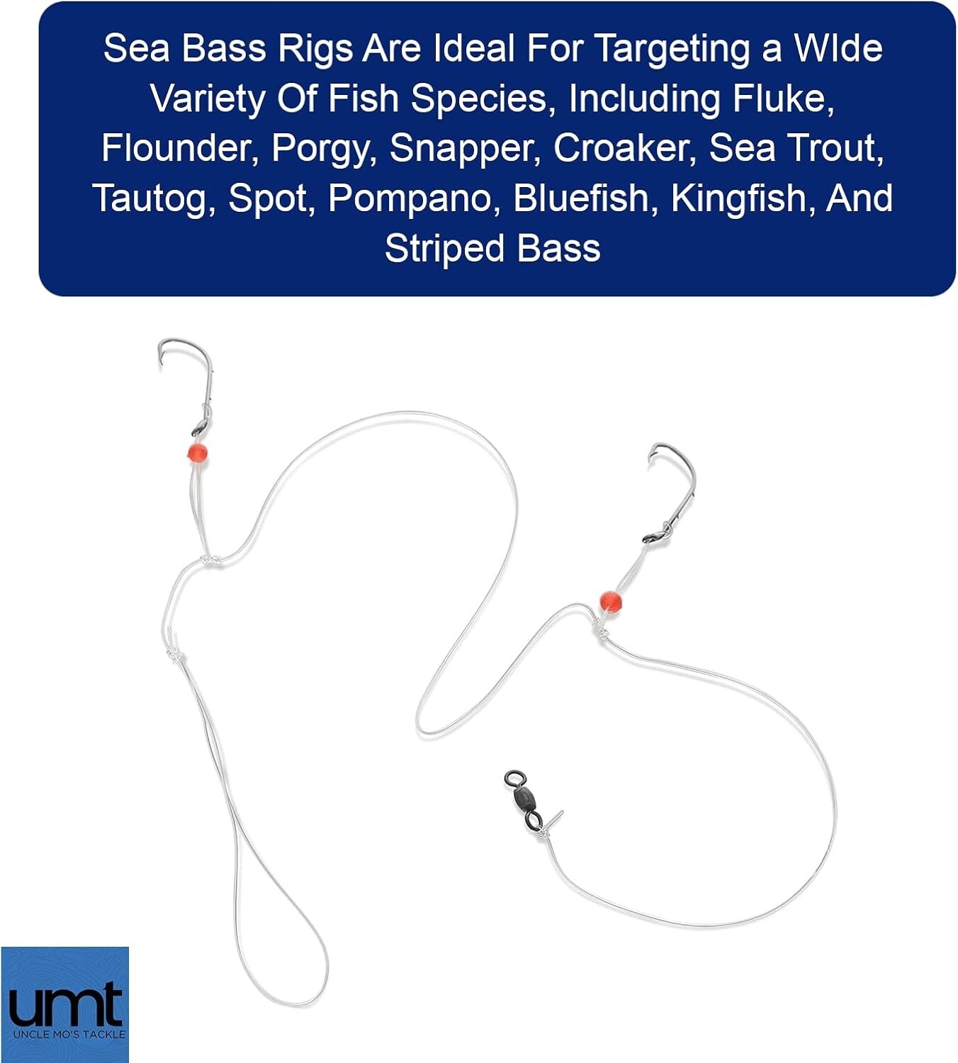 UMT - 10 Pack Hi/Lo Sea Bass Rigs Mustad 3/0 Bait Hooks, 60lb Line, 80lb Swivel