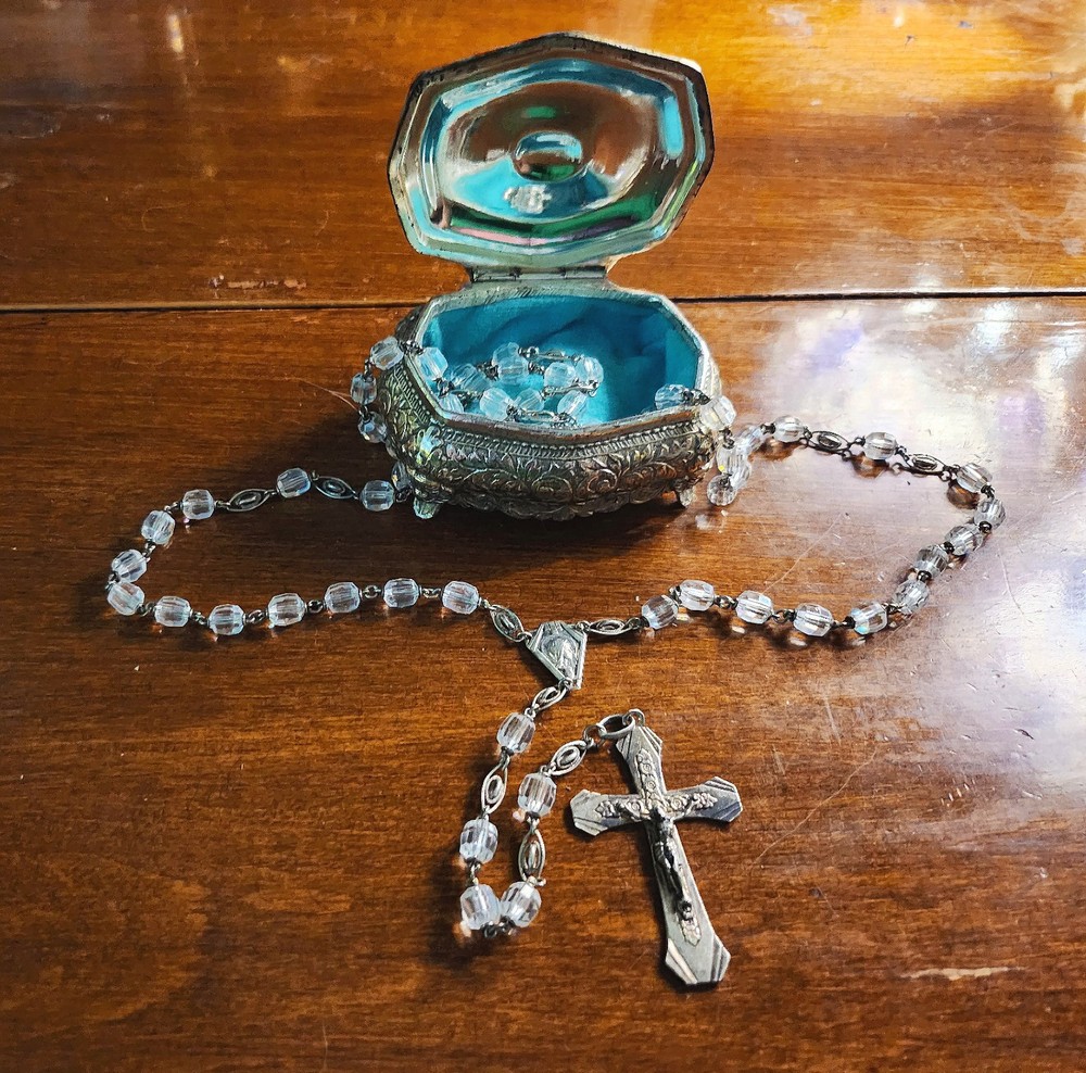 Vintage MCM Sterling Silver Hallmarked Clear Glass Rosary & Vtg Silver Plate Box