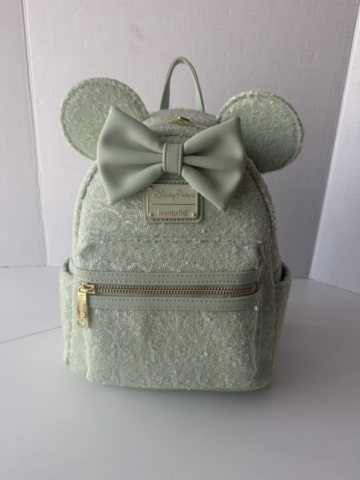Disney Parks Loungefly Mini Backpack Mint Green Sequin Minnie Ears Bow NEW