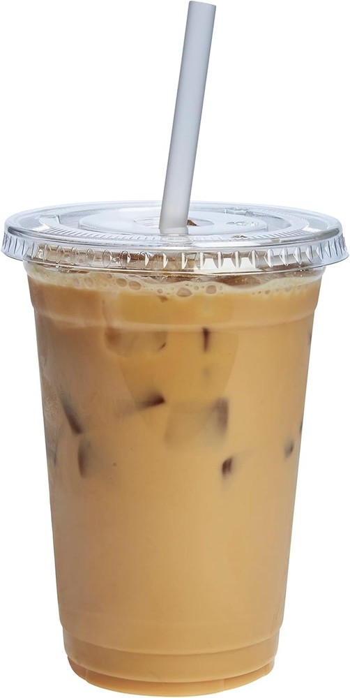 Clear Plastic Cups with Flat Lids [20 oz - 100 Count] - Disposable Iced Coffe...