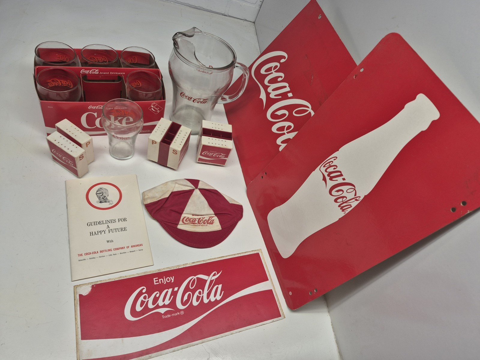 Vintage Coca-Cola Collectible Item Lot Glasses Pitcher Hat Shakers
