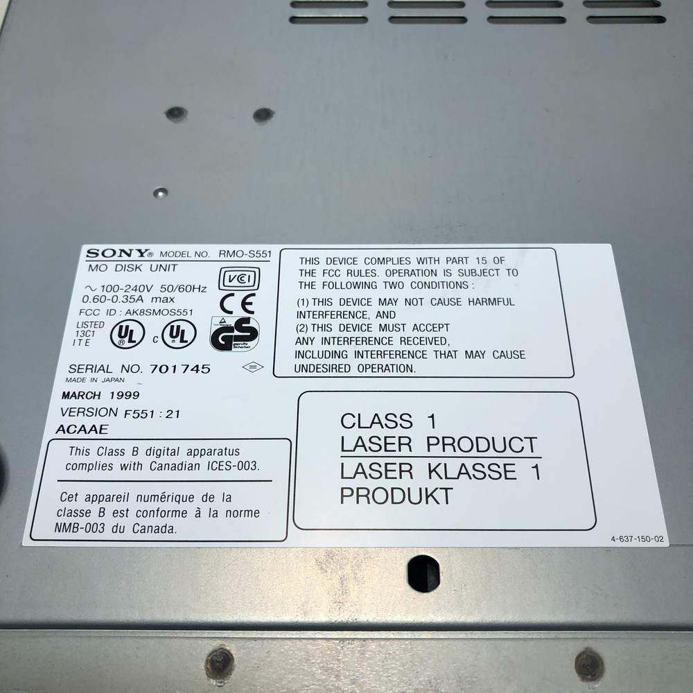 Sony RMO-S551 External MO Disk Drive Unit SCSI Untested (For Parts)