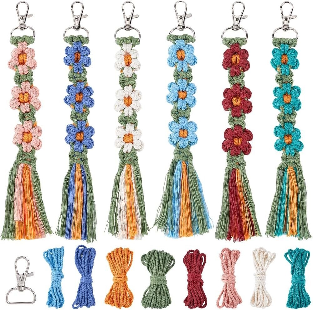 SUNNYCLUE 6 Sets Keychain Making Kits Macrame Kit Daisy Mixed Color