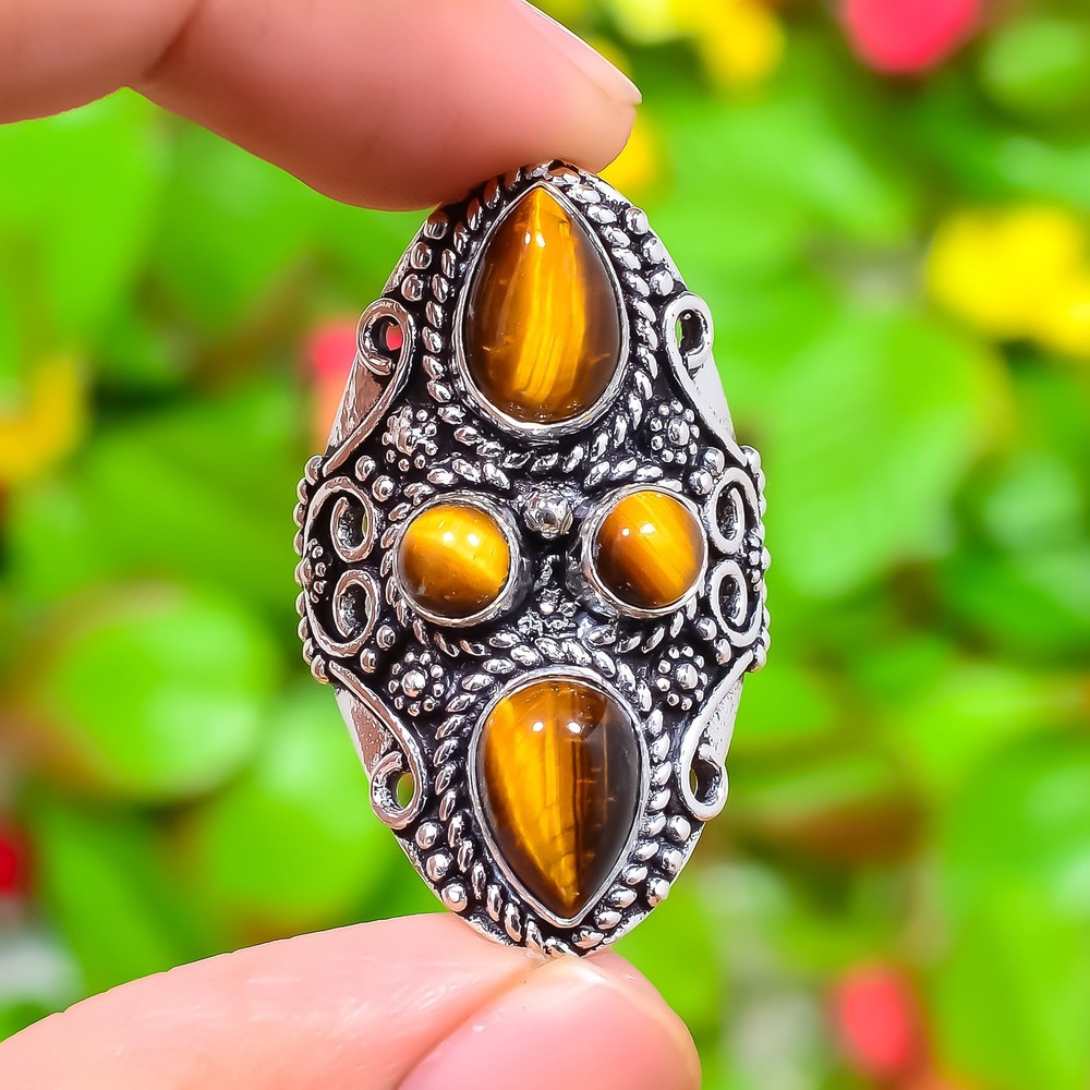 Tiger Eye, Multi Gemstone Handmade 925 Sterling Silver Ring Variation