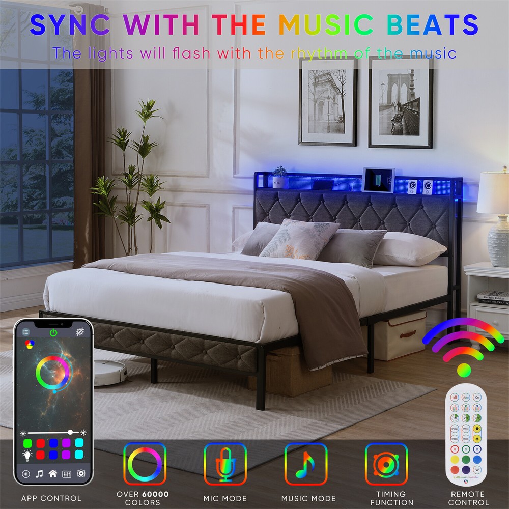 Full Size LED Bed Frame w/ Headboard and USB Port Upholstered Platform Bed Frame
