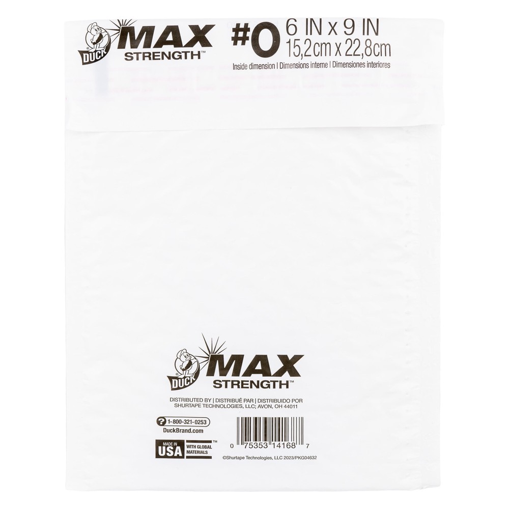Duck Max Strength Self-Sealing Poly Bubble Mailer, 6" x 9", Solid White, 25 Pack