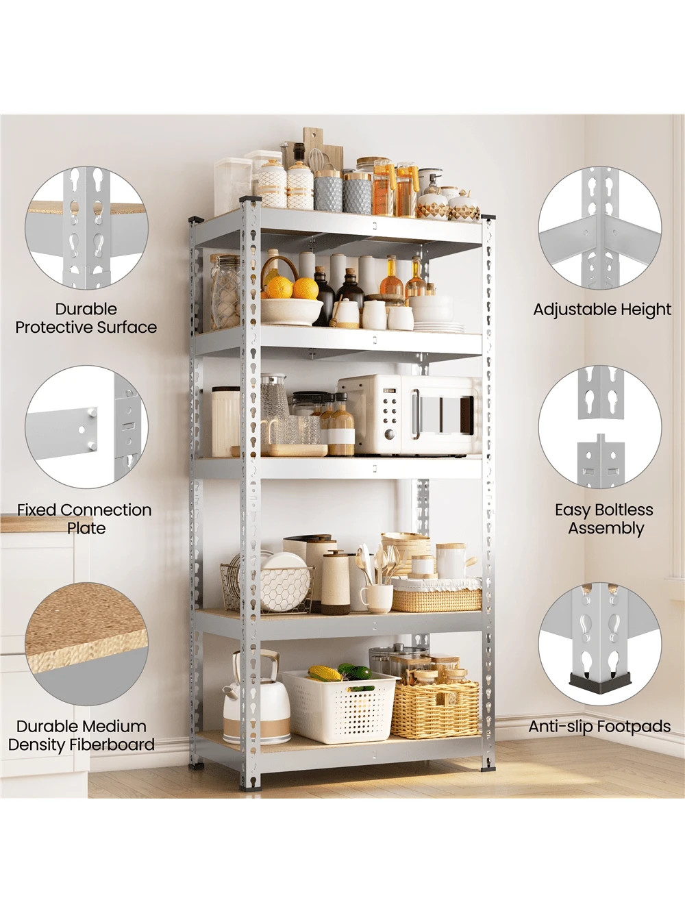 5-Tier Heavy Duty Adjustable Boltless Shelving Unit MDF Metal Rack for Garage