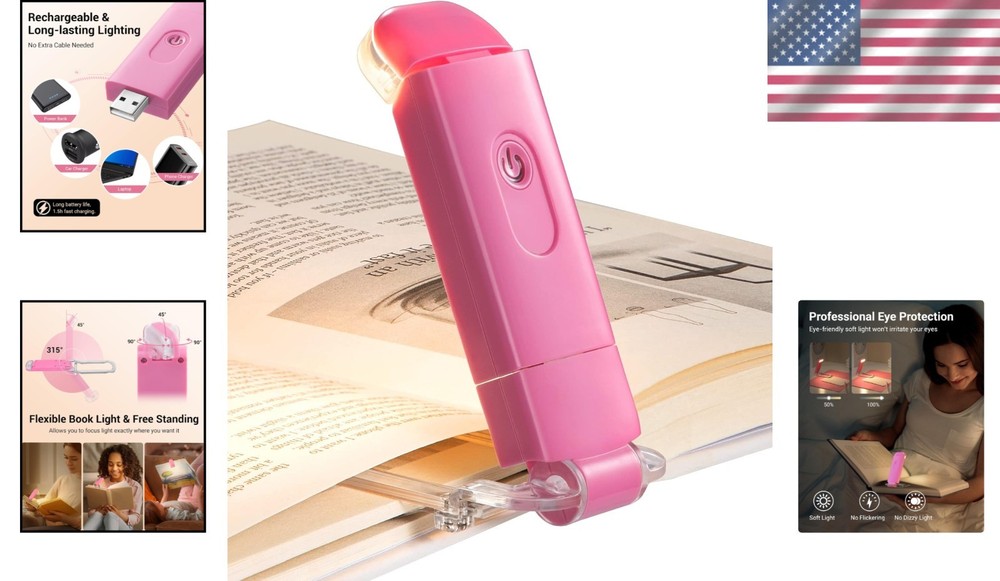USB Rechargeable Pink Book Light - Adjustable Brightness for Cozy Night Reading