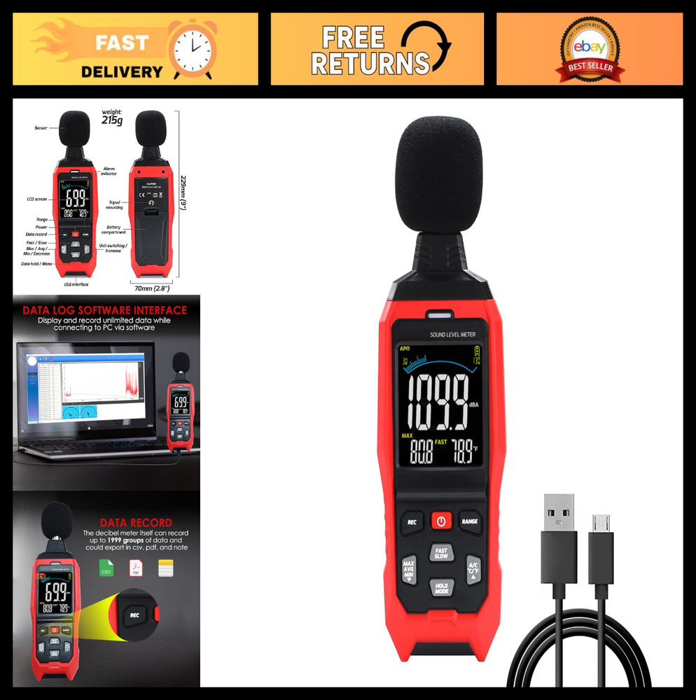 Sound Level Meter with Data Logging, 30-130dB, Visual Alarm, PC Connection, Temp