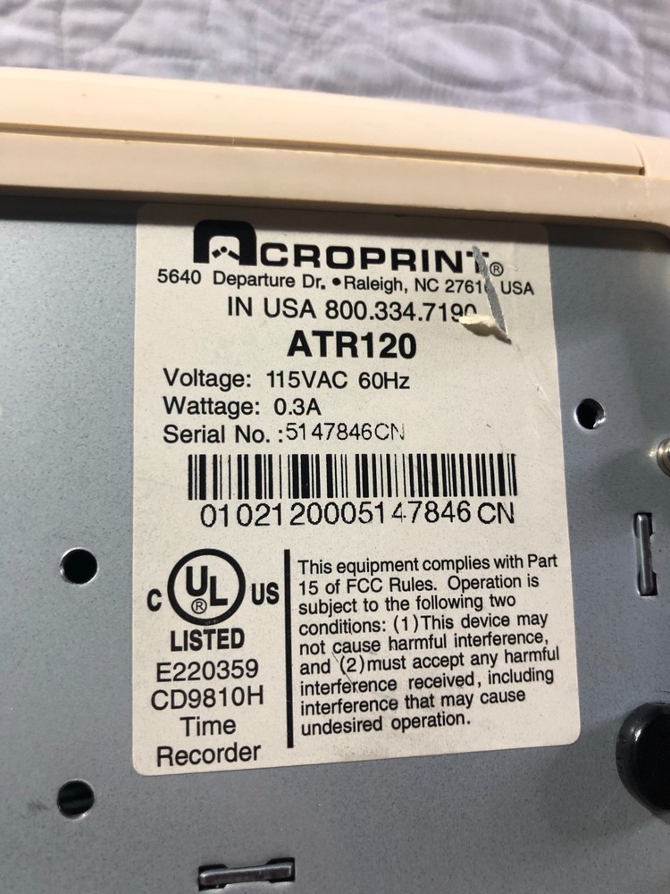 Acroprint ATR120 Electronic Time Recorder Power Tested Time Clock