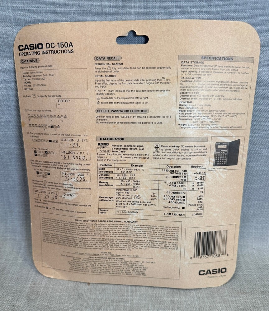 NOS! SEALED! Casio DC-150A DATA-CAL Calculator Personal Directory Organizer