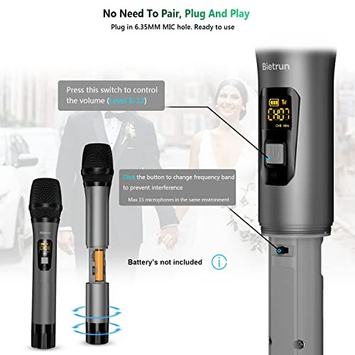 Wireless Microphone, UHF Metal Dual Handheld Cordless Dynamic Mic System Grey