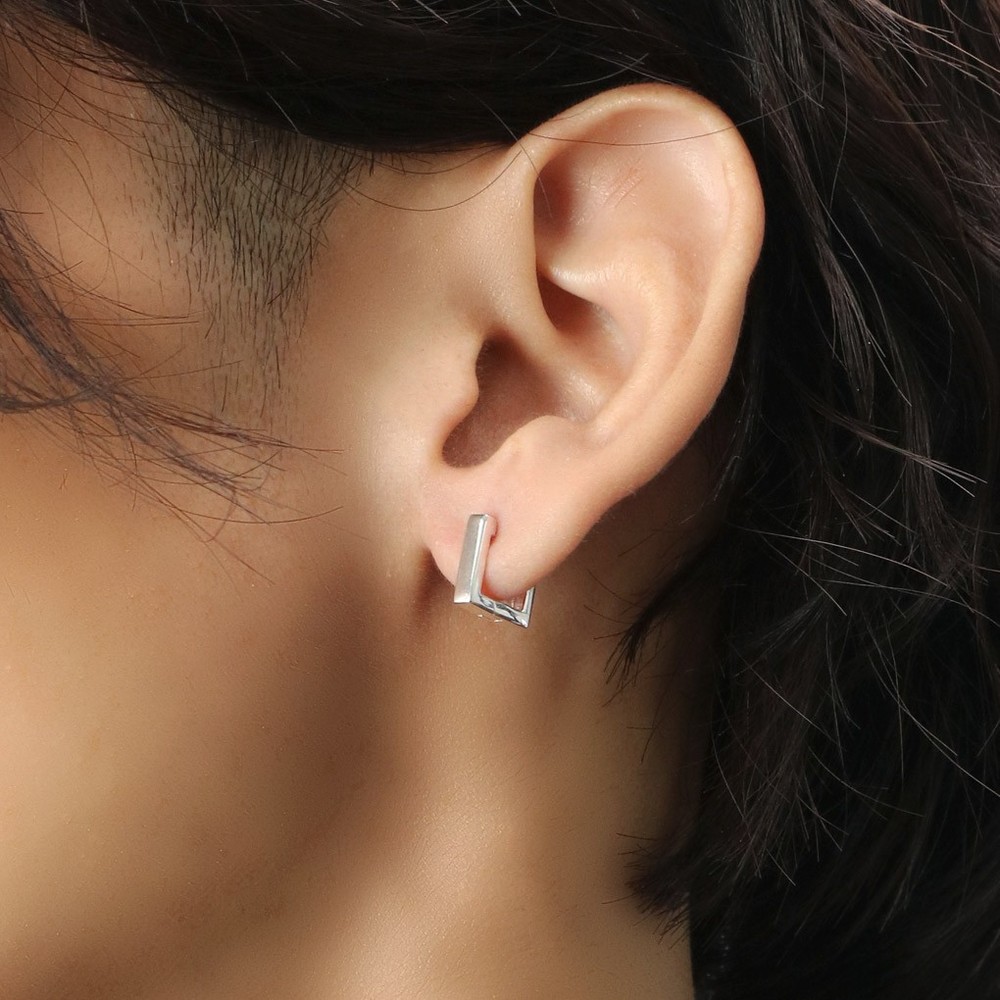 Simple Square Hoop Earring (Single, One Ear) Sterling Silver 925