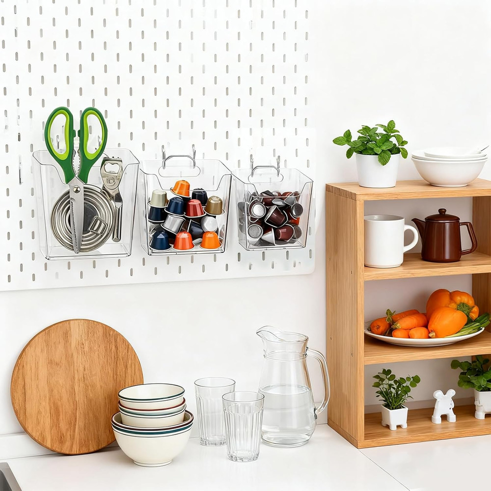 6 Pack Clear Pegboard Cups with Hooks Plastic Peg Board Bins Pegboard Organizer