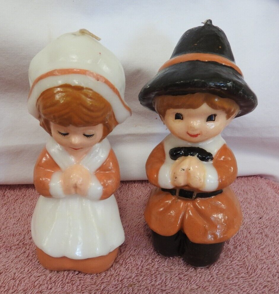 4 Thanksgiving Figural Candles - Pilgrims, Turkey & Cornucopia