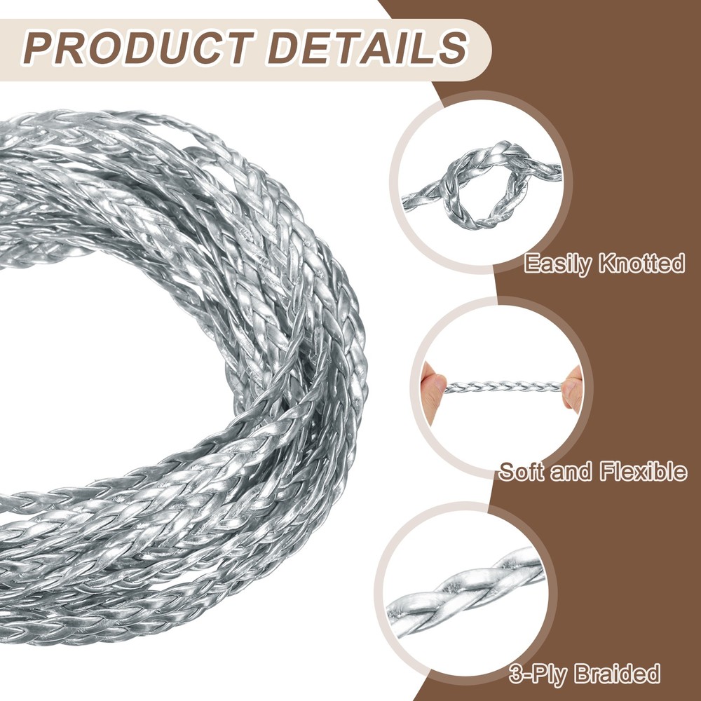 Braided Leather Cord, 5.5 Yards 5mm Flat Craft Leather String, Silver
