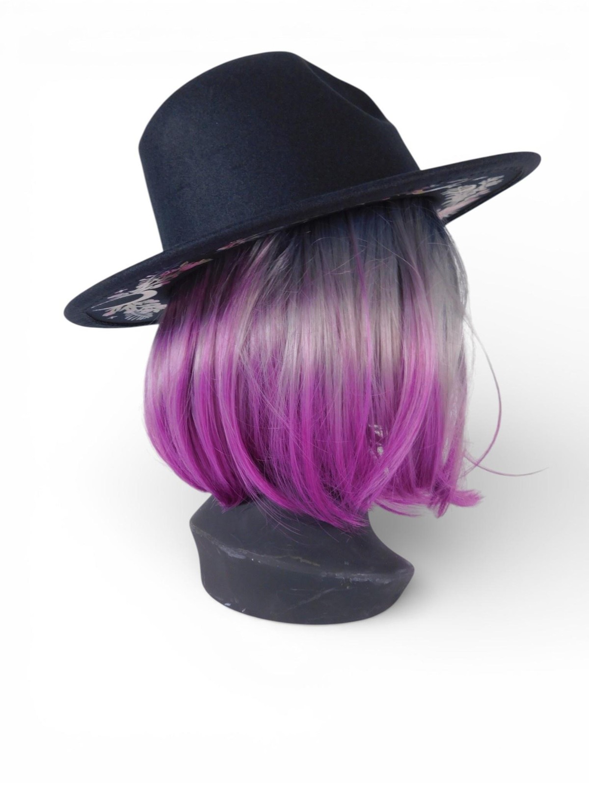 Wide Brim Fedora Hat Womens 7 1/8 Black Embroidered Butterfly Moon Floral Boho