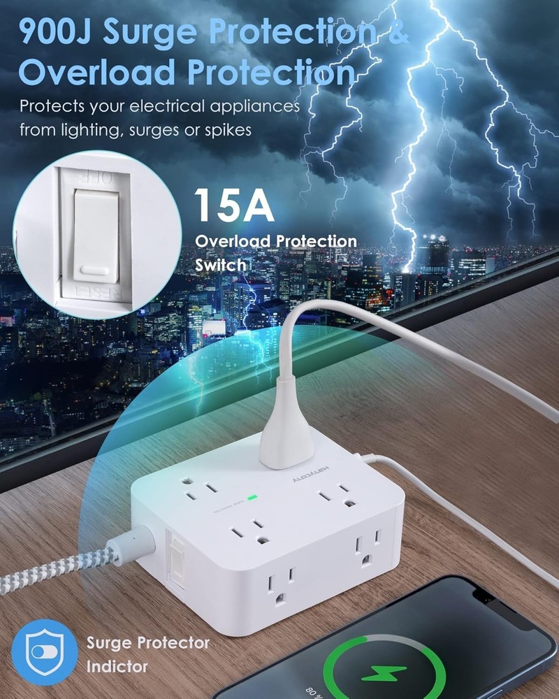 6Ft USB-C Surge Protector Power Strip with 8 Outlets - Fast Charging Solutions