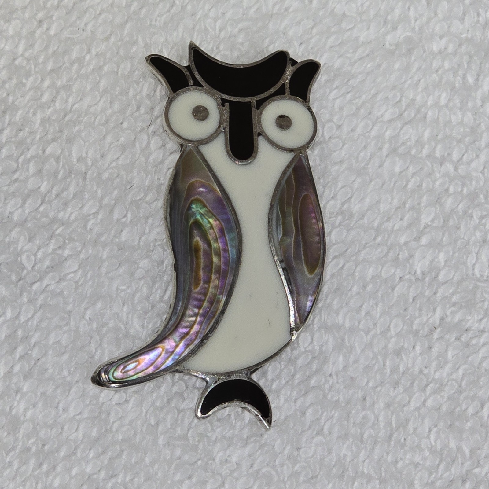 Vintage Brooch Pin Alpaca Mexico Abalone Shell Owl .75" x 1.5"