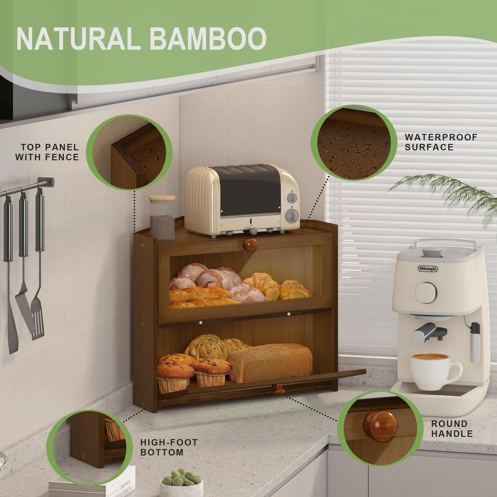 Corner Bread Box for Kitchen Countertop, Large Bread Container Storage Bamboo...