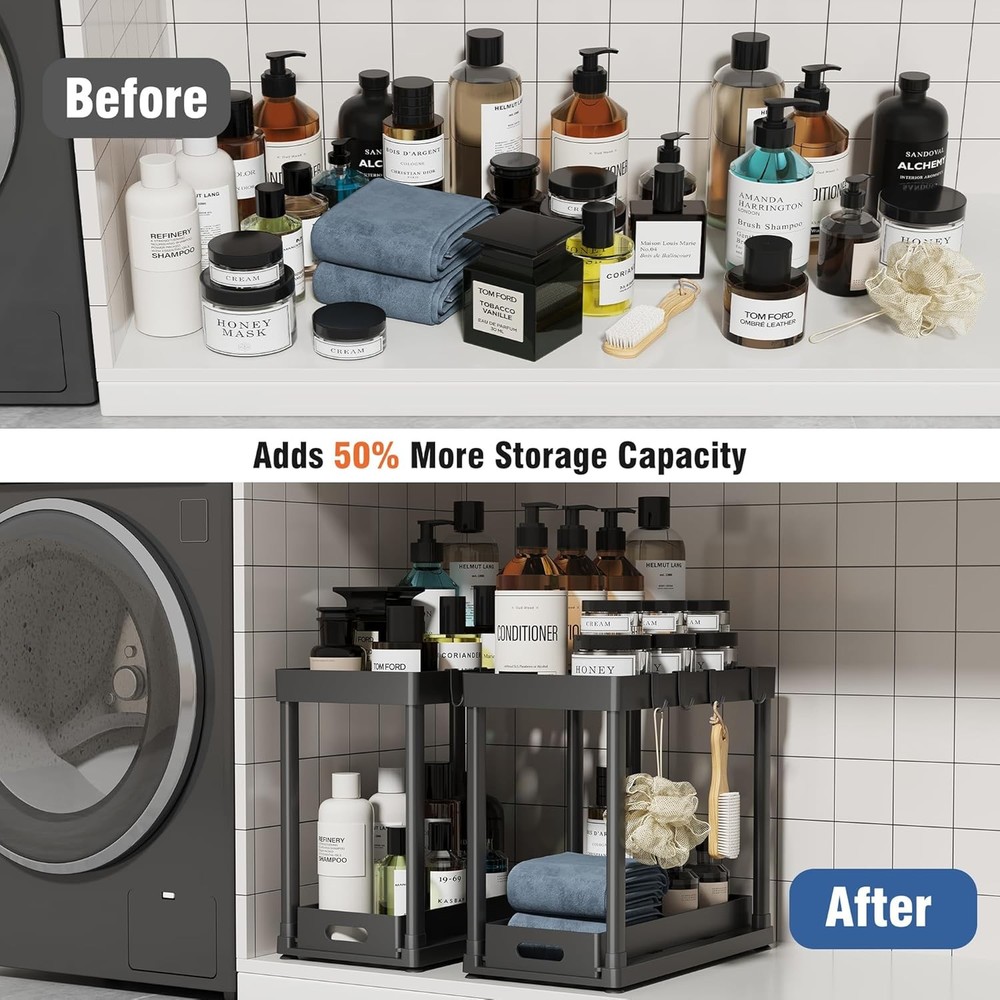 Pull Out Under Sink Organizer 2 Pack Sliding Cabinet Storage Rack Black