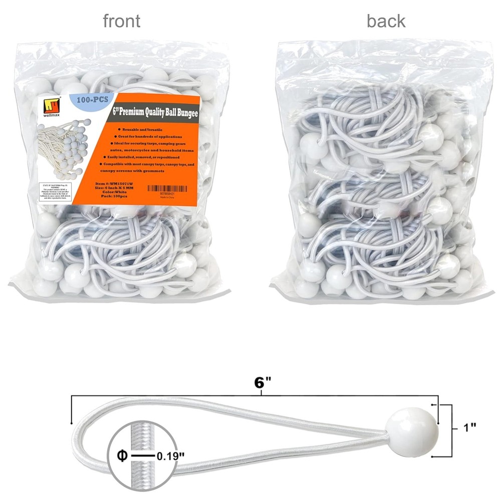 Durable White 6" Ball Bungee Cords, 100-Piece Set