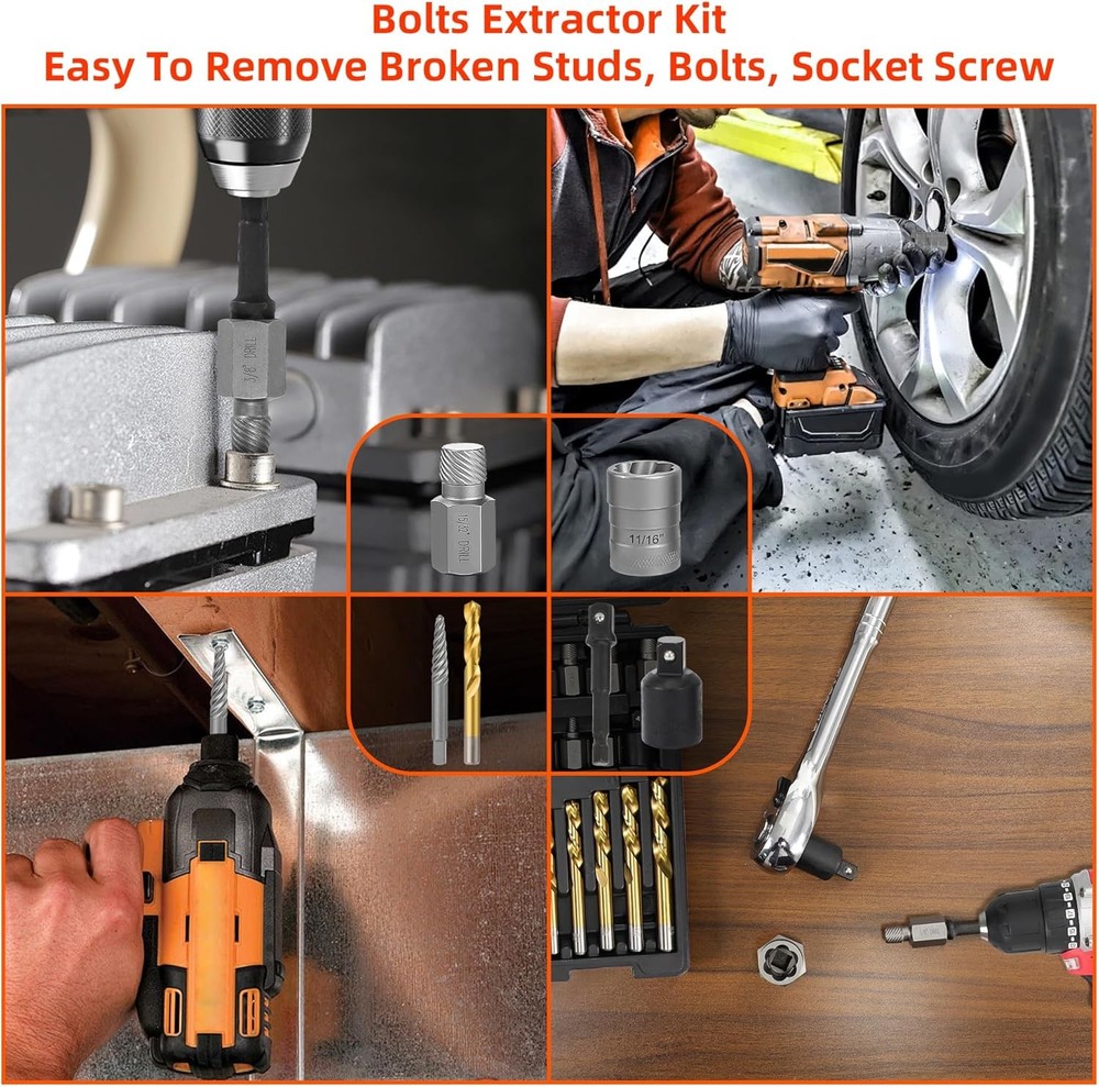 56Pcs Spiral Screw Extractor Set, Left Hand Drill Bit Set with Hex Adapter