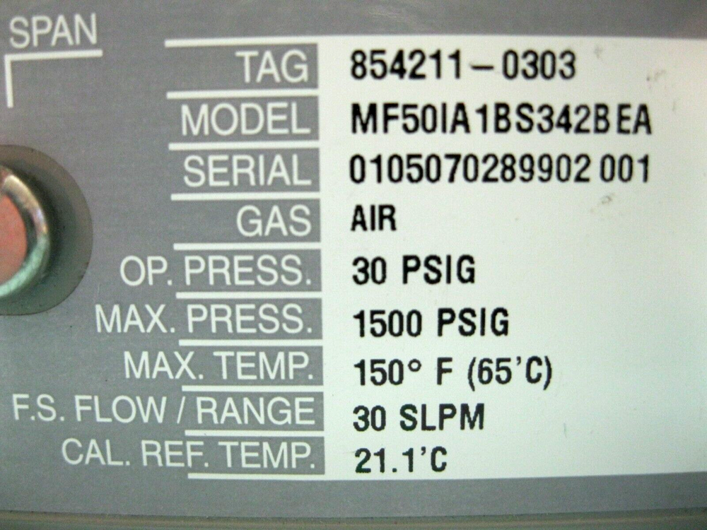 3/8" Brooks MF50IA1BS3428EA Mass Flow Controller Air 30 SLPM H8