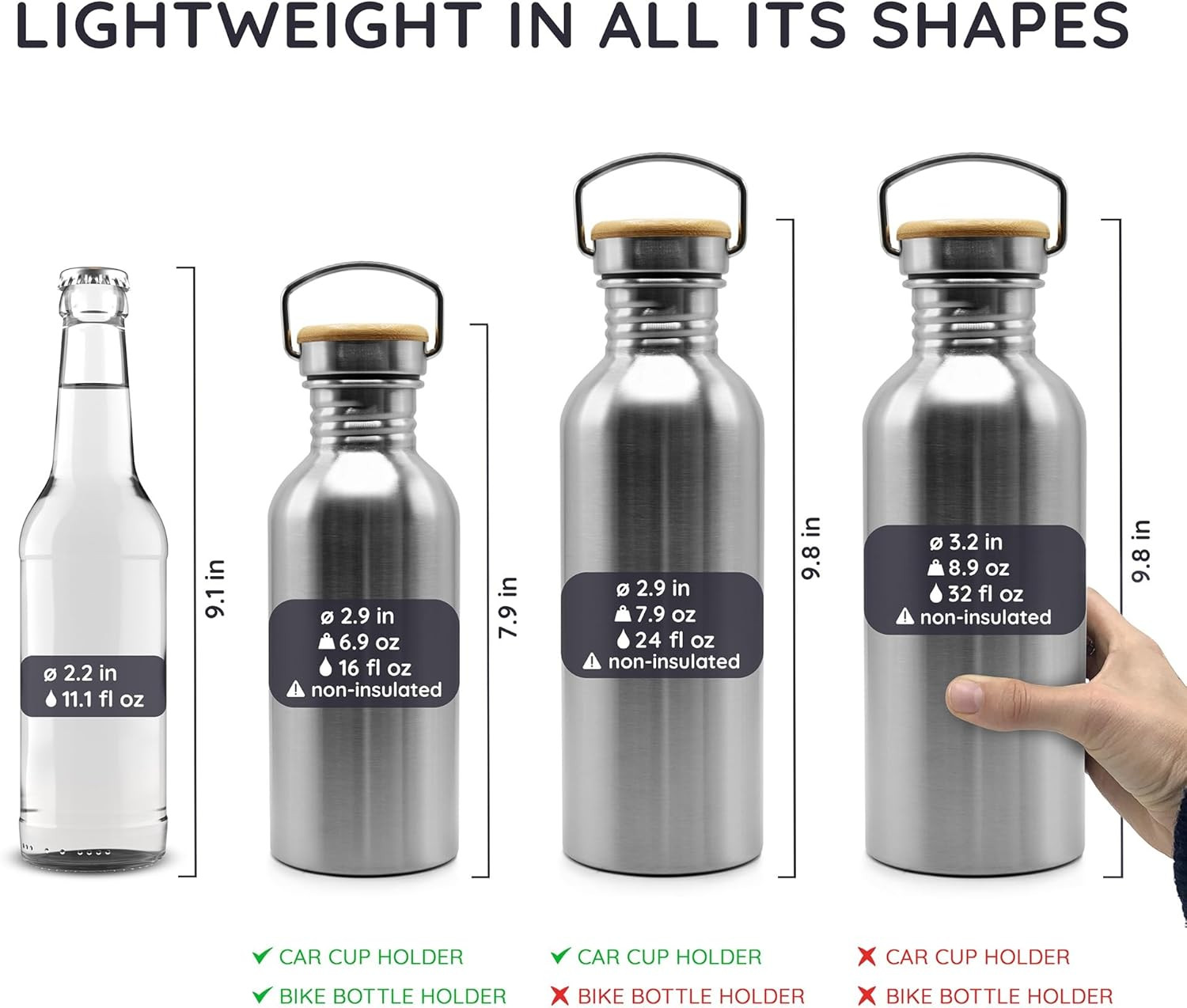 Stainless Steel Water Bottles 32 oz, Non-insulated Single Wall Metal Water Bot