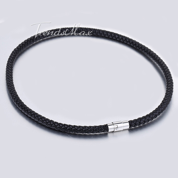 Men's Black Braided Leather Cord Necklace Choker Magnetic Clasp
