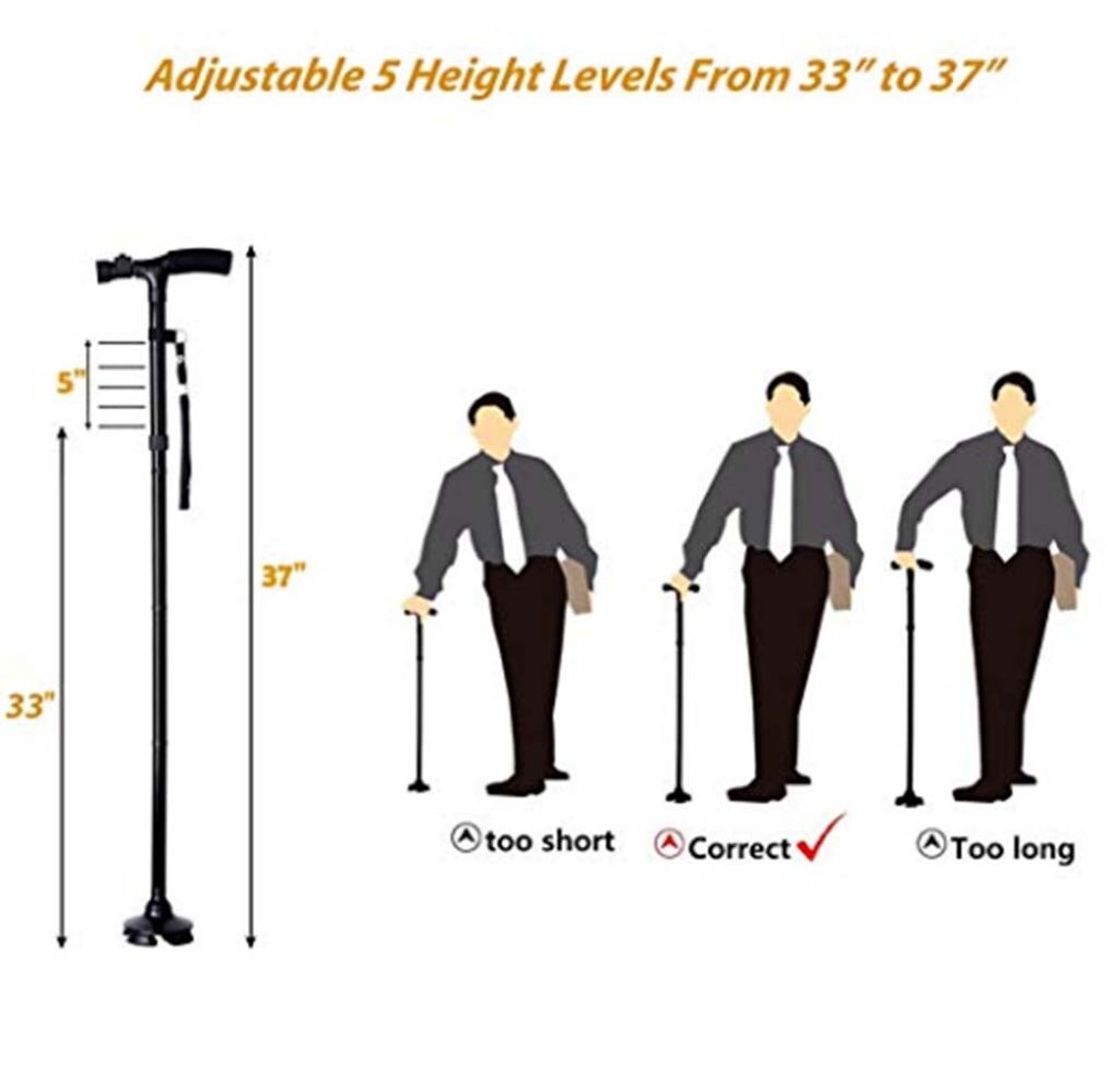 LED Walking Stick Cane All Terrain Pivoting Base Folding Pole Adjustable Height