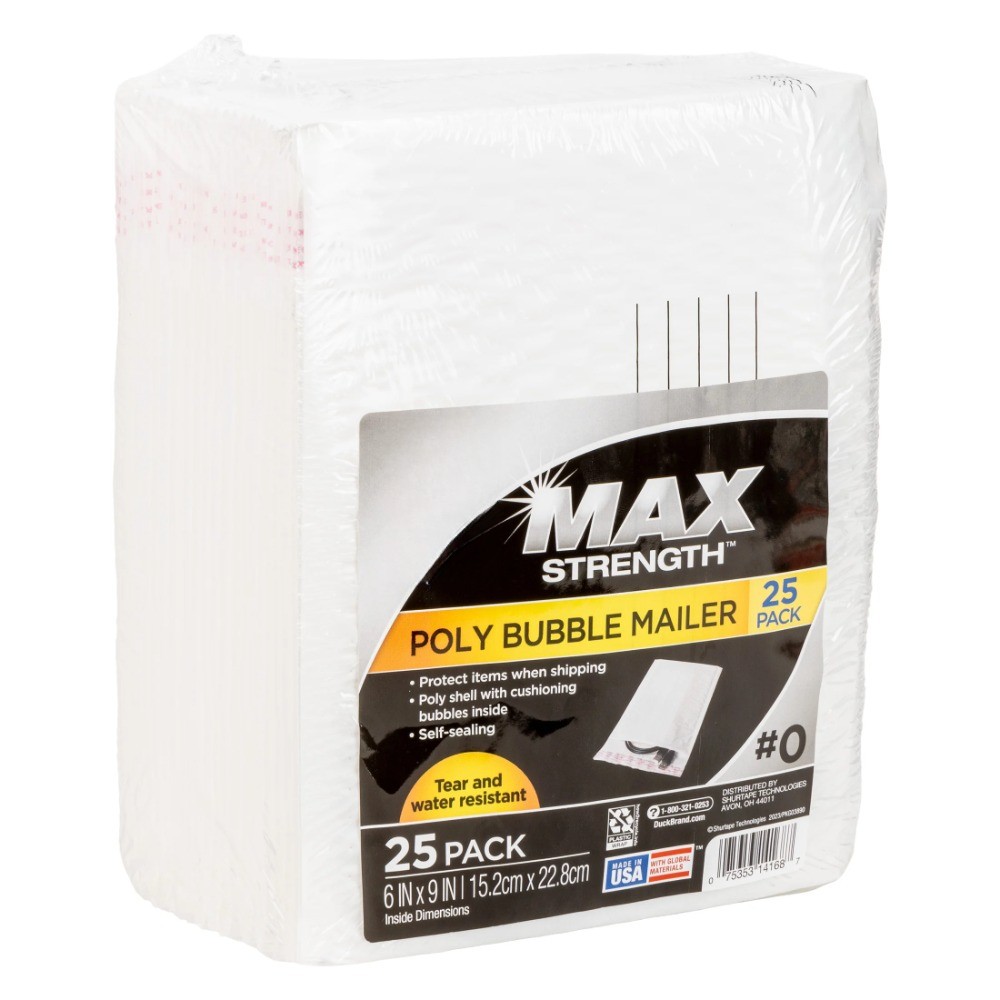 Max Strength Self-Sealing Poly Bubble Mailer #0, 6" x 9", Solid White, 25 Pack