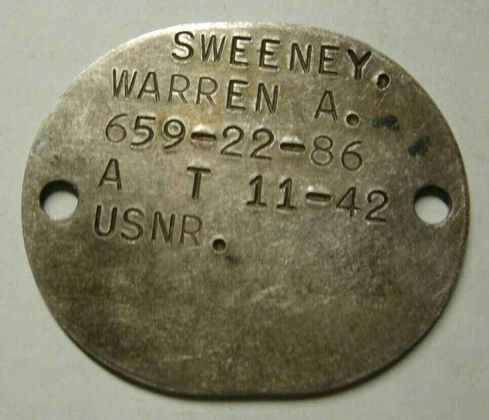 WW2 US Navy Sterling Silver Dog tag - T 11-42 Warren A. Sweeney