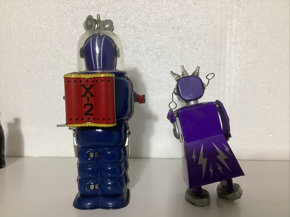 2 Metal Wind-up Robots BLUE MOON EXPLORER ROBOT & ELECTRA ROBOT.