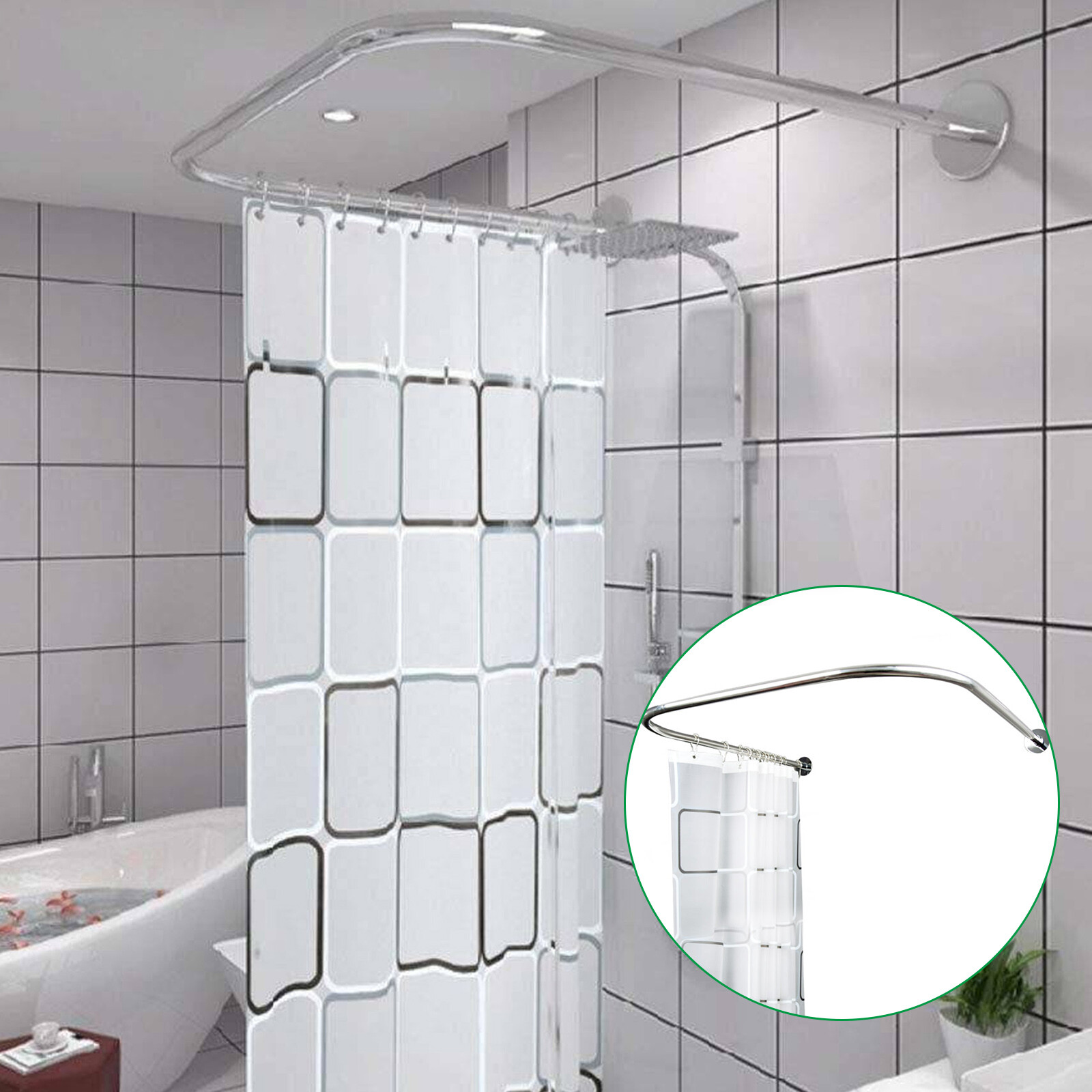 Stainless Steel Shower Curtain Rod 80-130 Cm with 9.8ft*6.6ft Curtain
