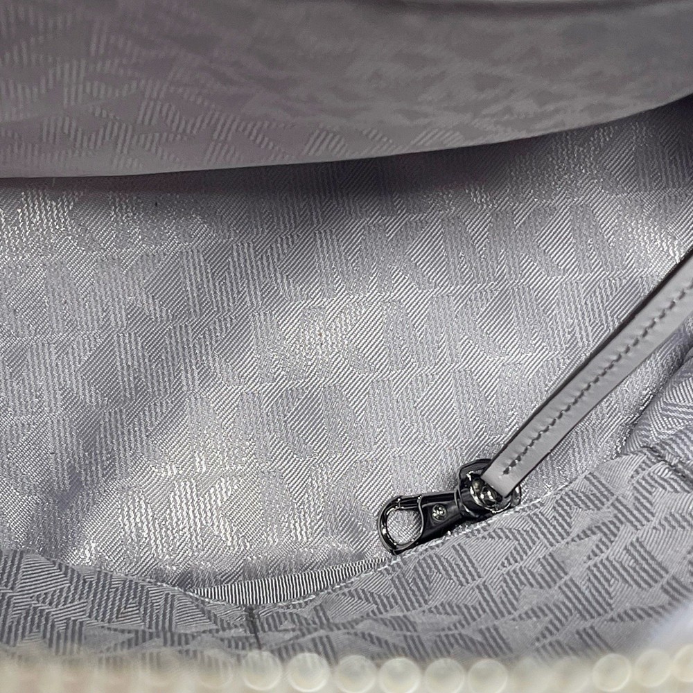 Michael Kors Rhea Medium Signature Logo Backpack Off-White Gray Silver Hardware