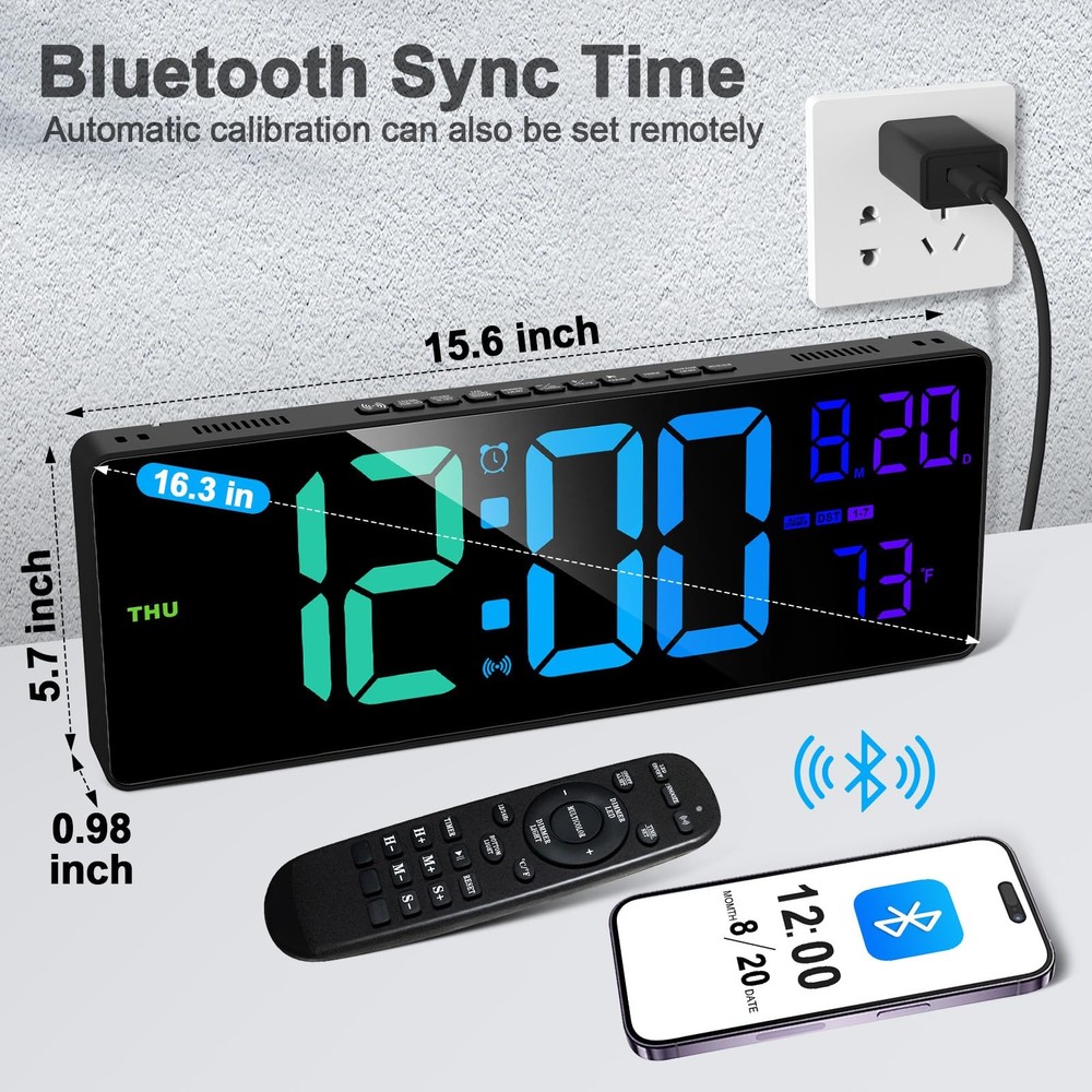 16.3" Bluetooth Large Digital Wall Clock with Remote Control, Auto Time Sync,...