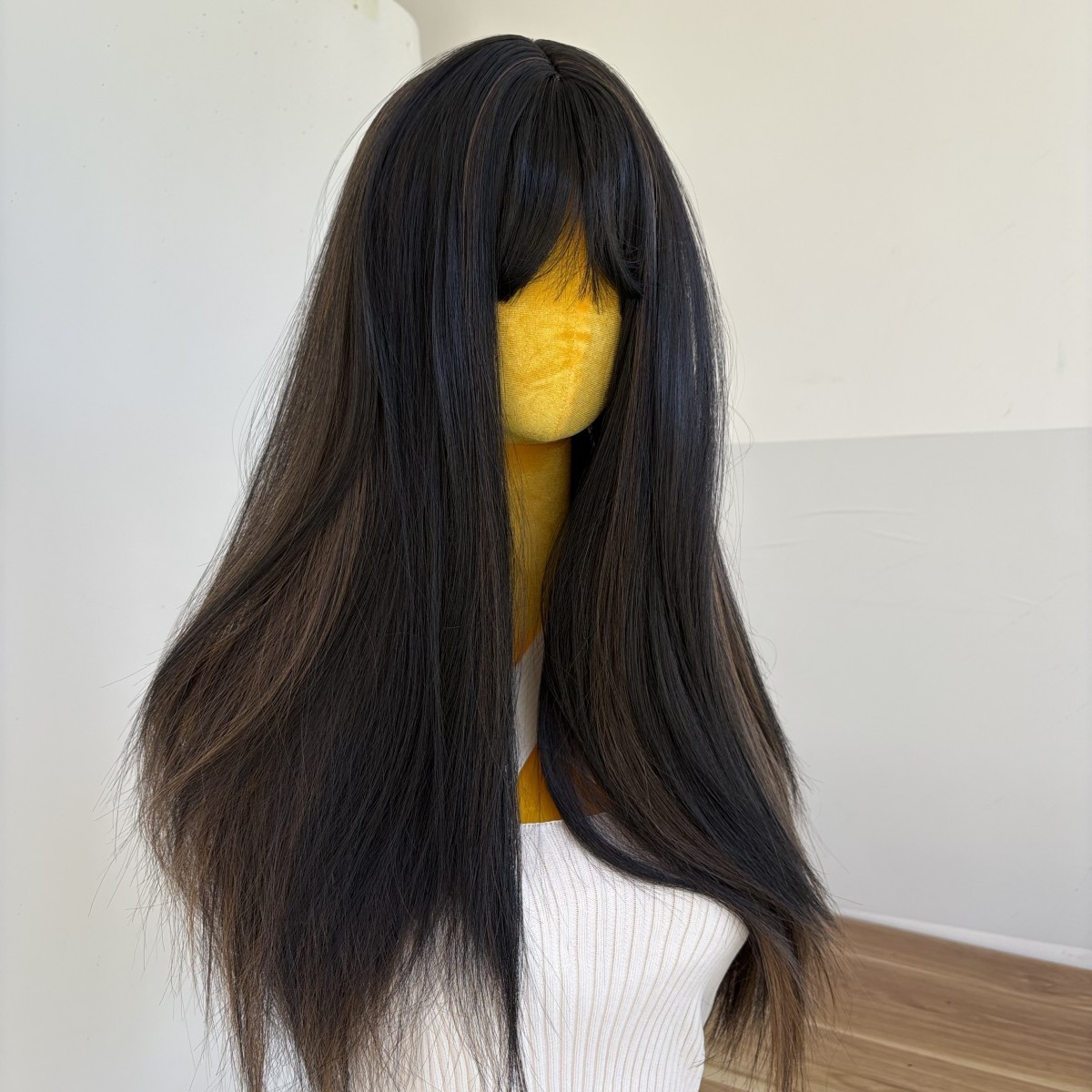 Black Brown Cosplay Wig With Bangs Long Straight Heat Resistant Hair Layered