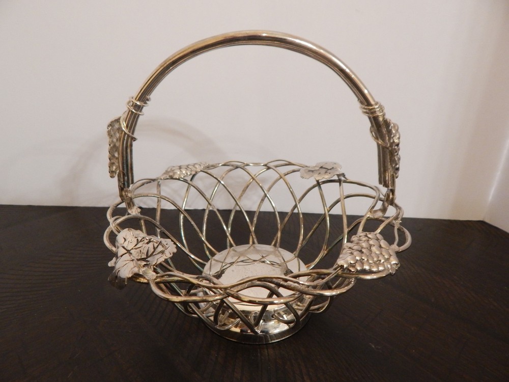 Studio Silversmiths Silver Plated Wire Basket w/ Swivel Handle & Grape Vine Deco