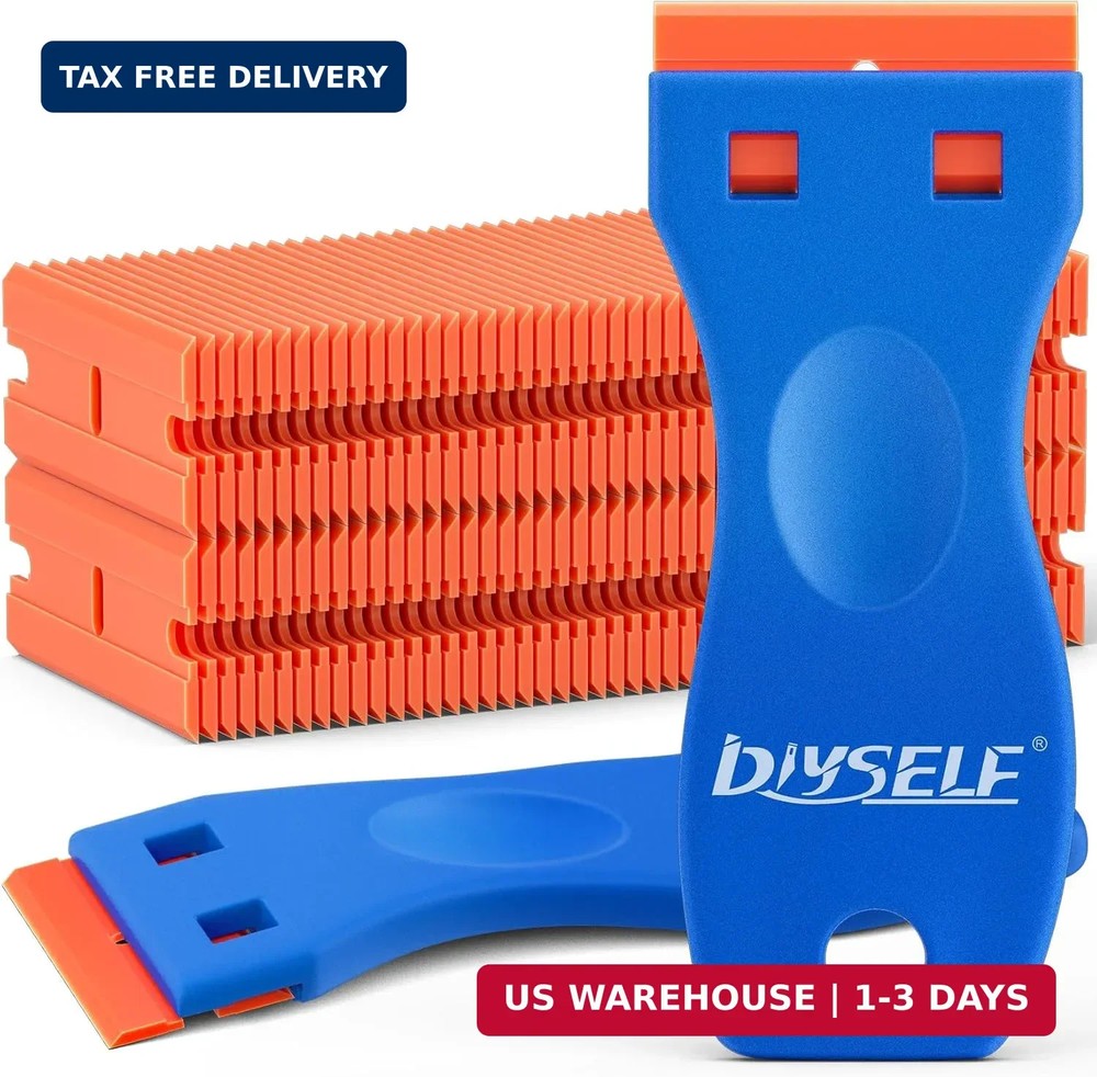 DIYSELF 2 Pack Plastic Razor Blade Scraper, Extra 100Pcs Plastic Razor Blades Re