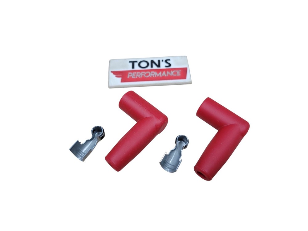 Pair Spark Plug Boots & Terminals 7-8mm wire, Red silicone 90 degree Right angle