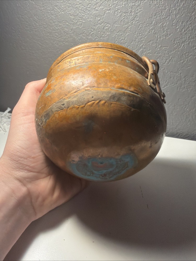 Vintage Solid Copper Cauldron Pot with Swing Handle Rustic Farmhouse Decor