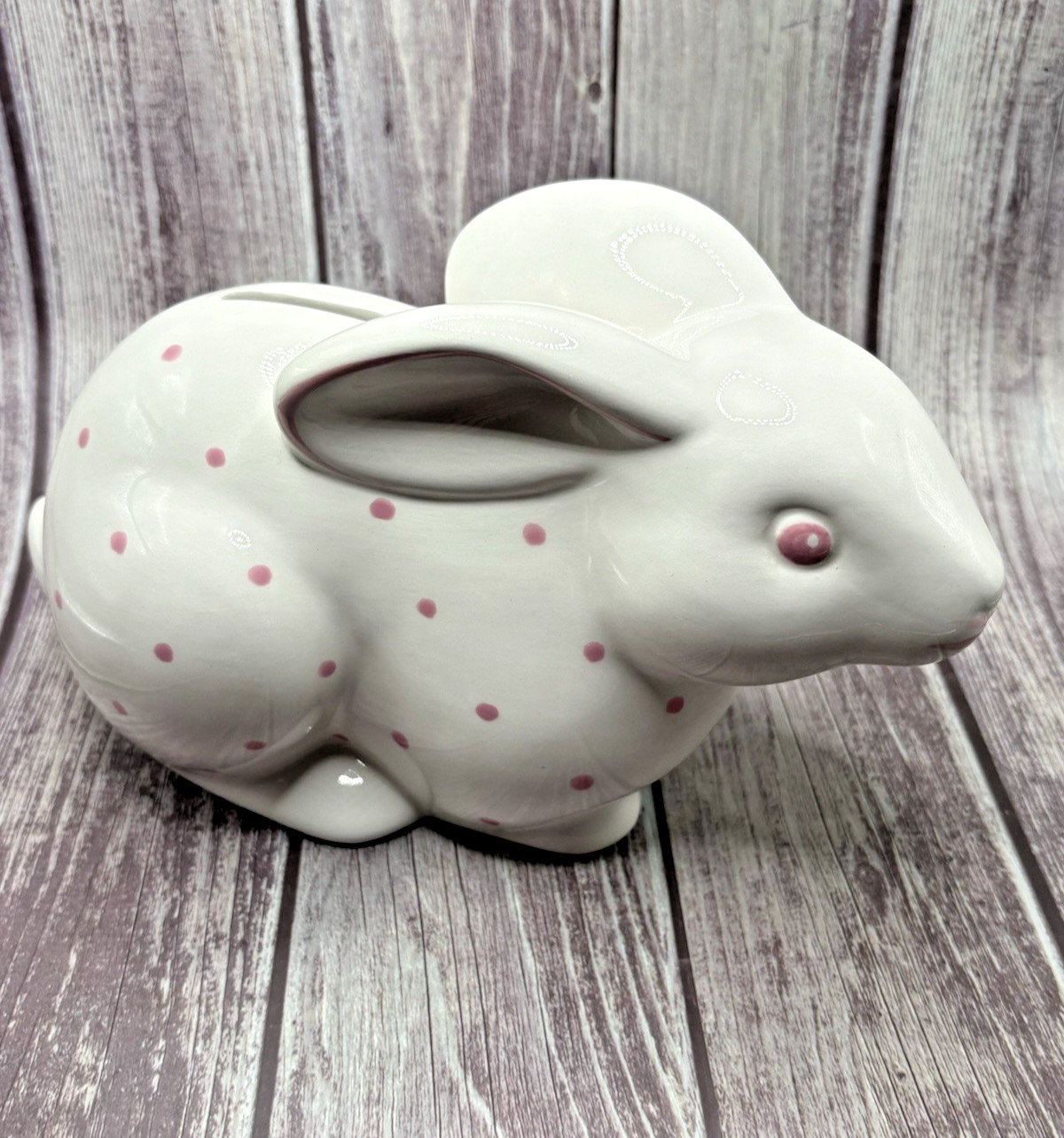 Tiffany & Co Ceramic Bunny Vintage Piggy Bank Pink Polka Dots Hand Painted Italy