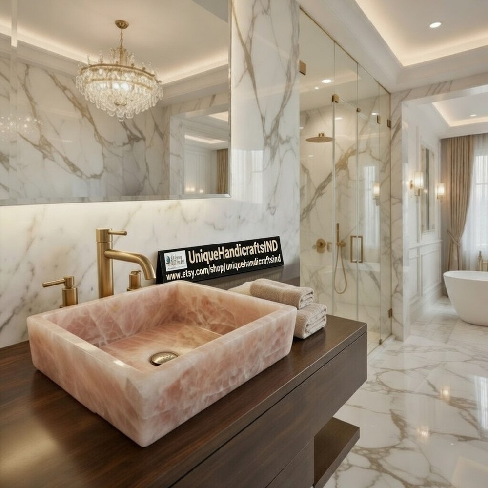 Luxury Rose Quartz Rectangular Stone Sink: Boho Spa Bathroom Vanity Basin
