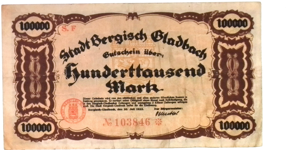 1923 Germany GLADBACH 100.000 Mark Banknote