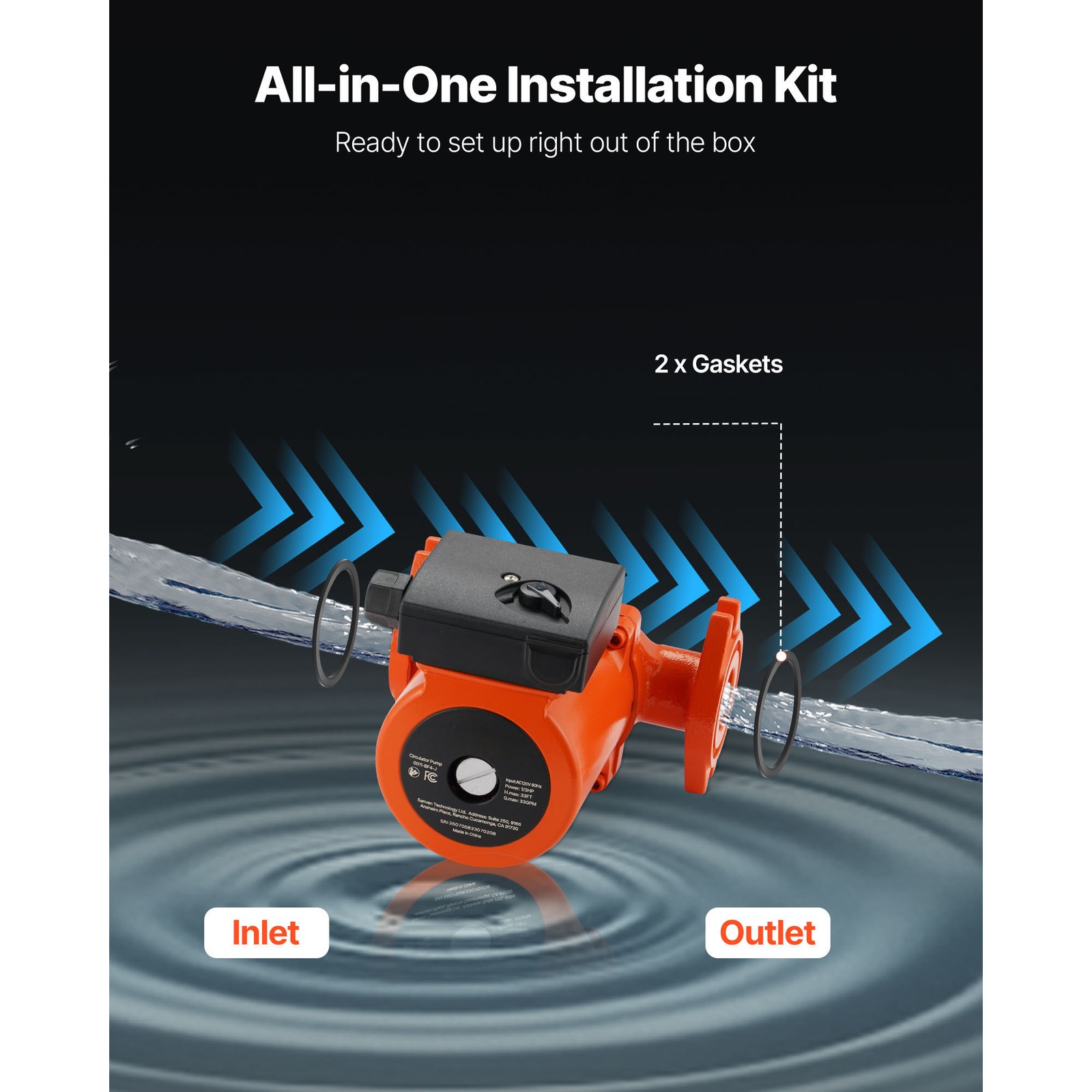 Uimoso Cast Iron Circulator Pump for Hot Water, 1/3 HP, 33 GPM Flow