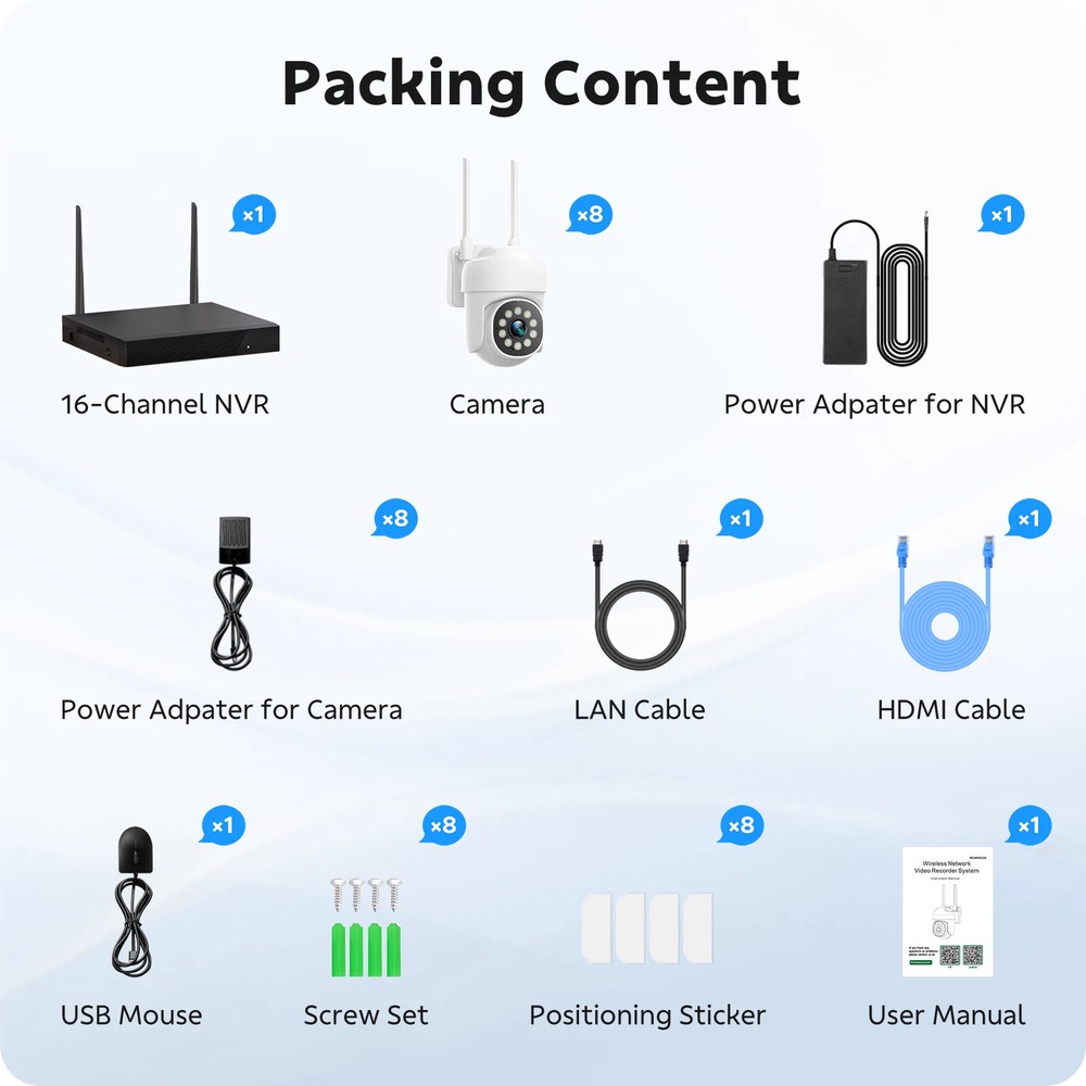 16CH 4K NVR 8 Pcs PTZ Cameras Wireless CCTV Security Camera System WiFi Audio