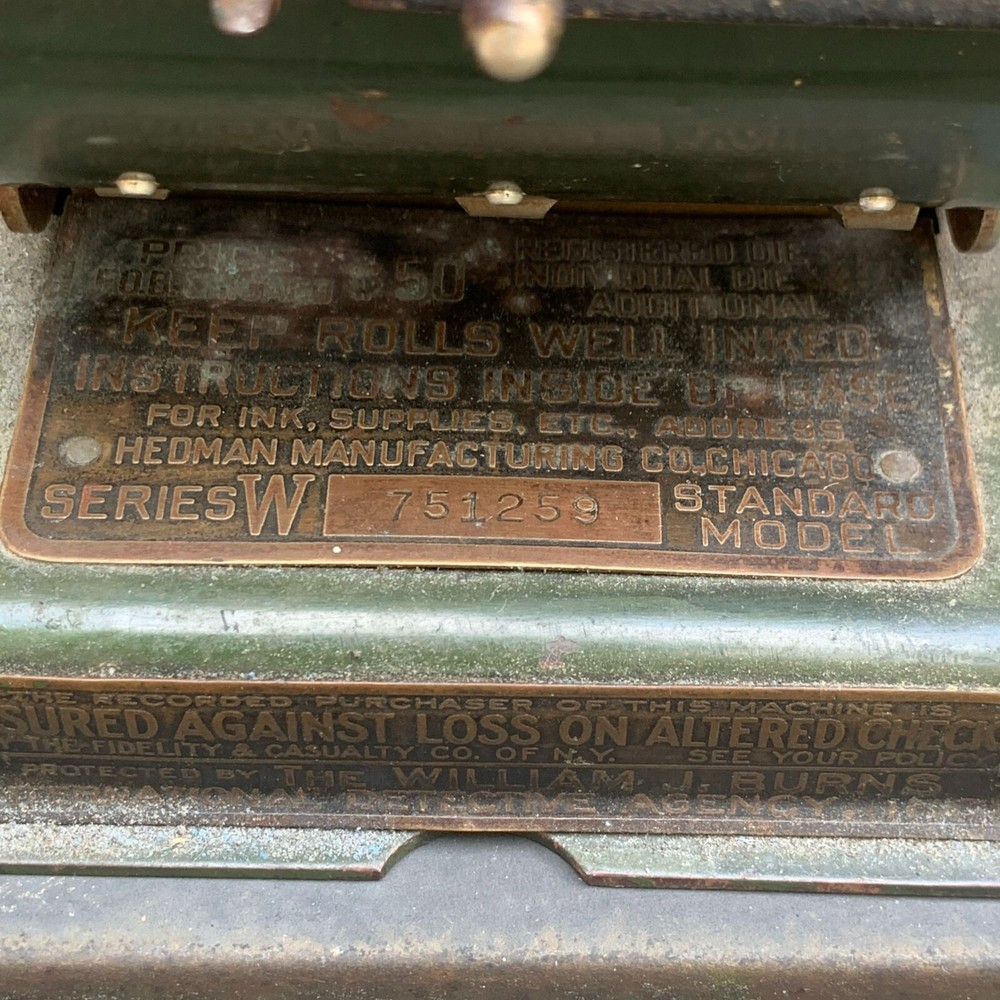 Vintage F & E Hedman Mfg. Co. Check Writer Protector Model W